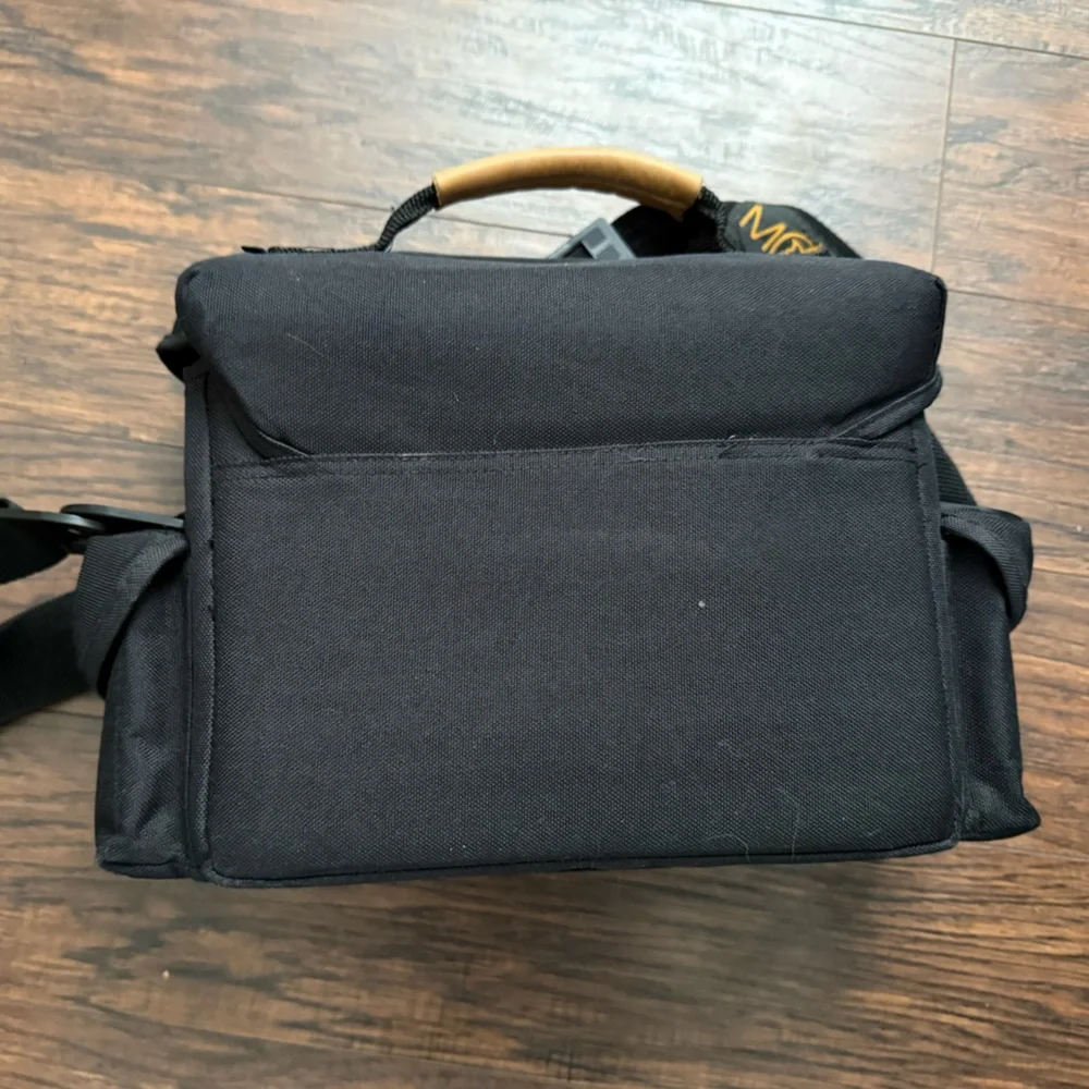 Mohawk Camera Bag Black Padded Multi-Pockets Tan Leather Strap